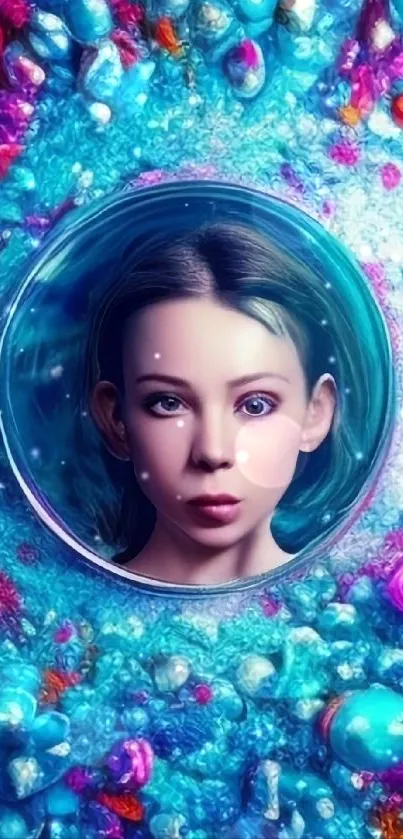 Surreal woman portrait on blue gem background.