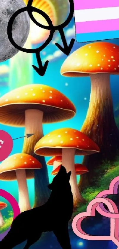 Vibrant surreal forest wallpaper with mushrooms and pride symbols.