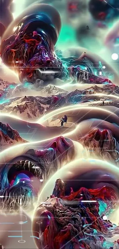 Vibrant surreal landscape with colorful abstract forms and dreamlike scenery.