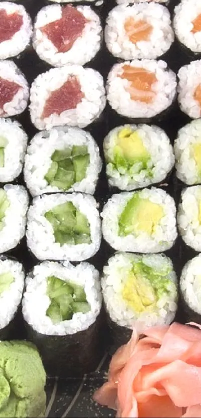 Vibrant sushi platter with assorted nigiri, sashimi, and rolls on black trays.