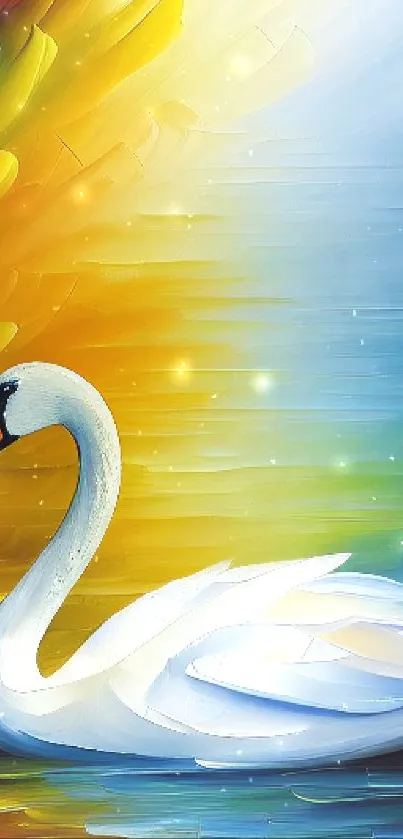 Vibrant swan art on colorful background with blue and yellow hues.