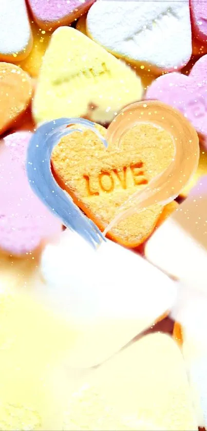 Colorful candy hearts with 'LOVE' inscription.