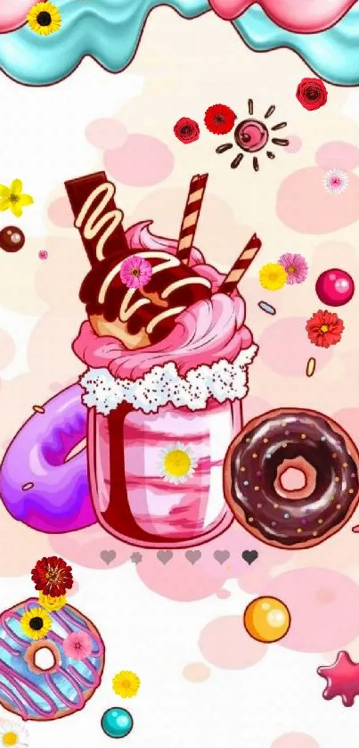 Colorful wallpaper with donuts, ice cream, and sweets.