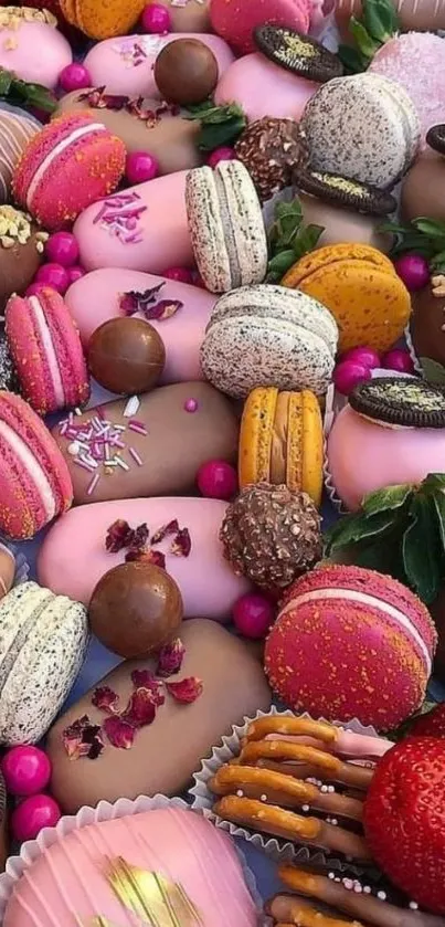 Colorful dessert mobile wallpaper with macarons and treats.