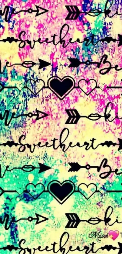 Colorful watercolor wallpaper with black arrows and sweetheart text.