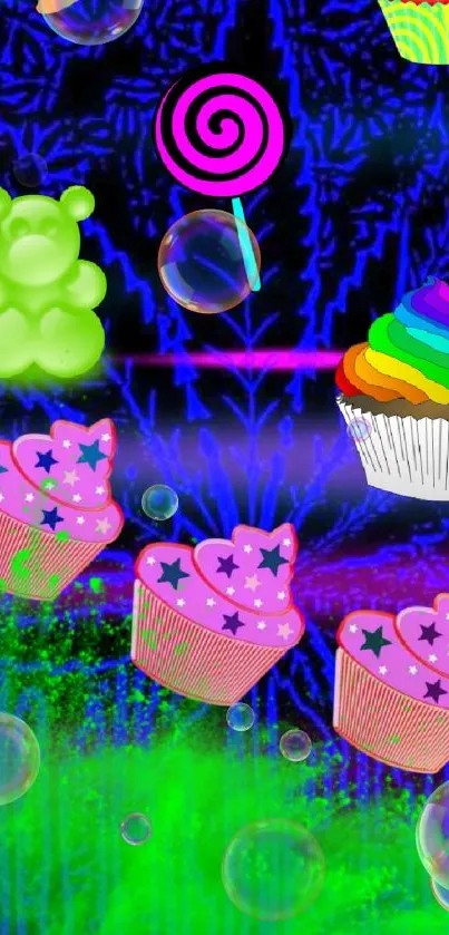 Vibrant neon candy-themed phone wallpaper with cupcakes and sweets.