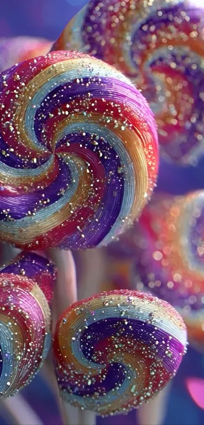 Colorful lollipops with glitter and rainbow swirls.