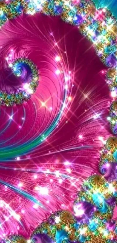 Vibrant abstract fractal art with swirling pink, blue, and gold sparkles.