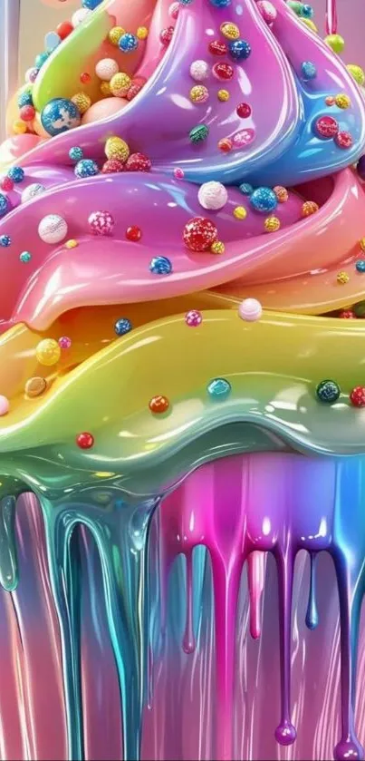 Colorful candy swirl ice cream wallpaper with glossy drips.