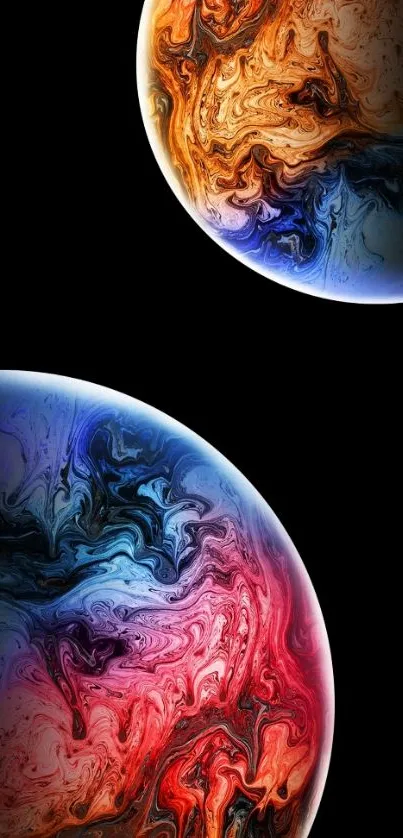 Colorful abstract planets with swirl patterns on a black background.