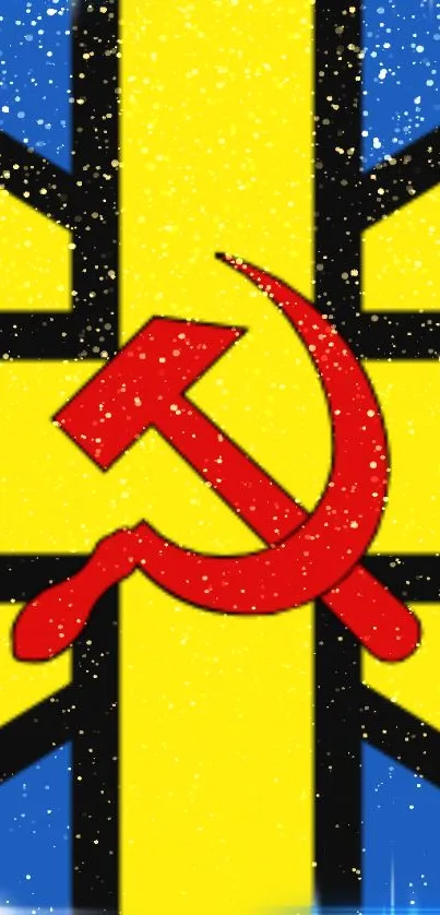 Colorful wallpaper with red symbol on yellow.