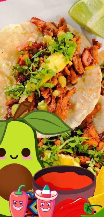 Cartoon taco wallpaper with red background.