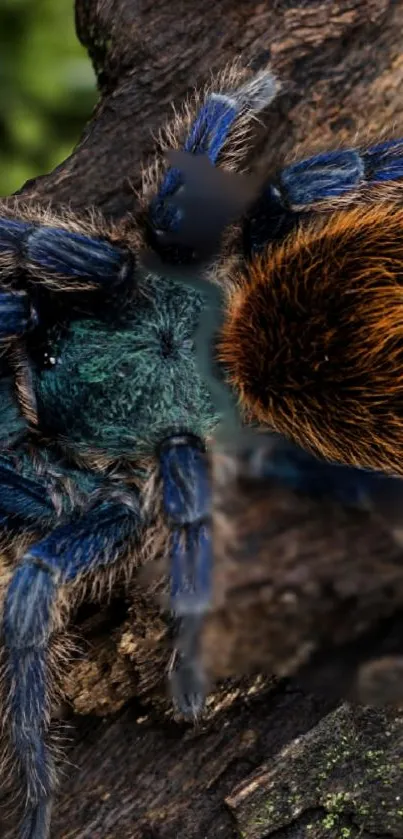 Blue and orange tarantula duo on tree bark.