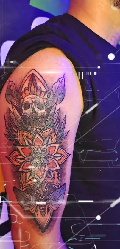 Vibrant tattoo featuring skull and flowers on arm with colorful backdrop.