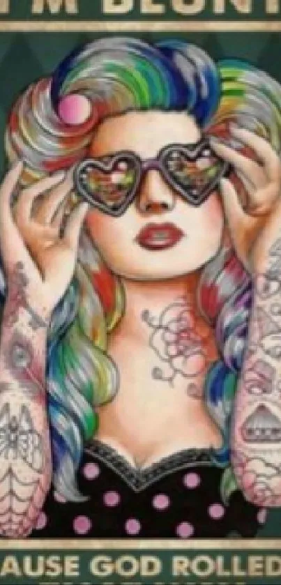 Colorful tattooed woman with rainbow hair and heart sunglasses.