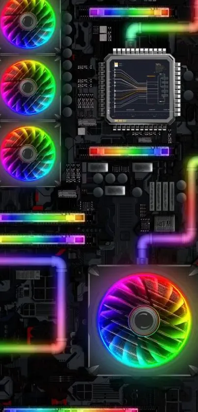 Colorful LED circuitry phone wallpaper with vibrant tech design.