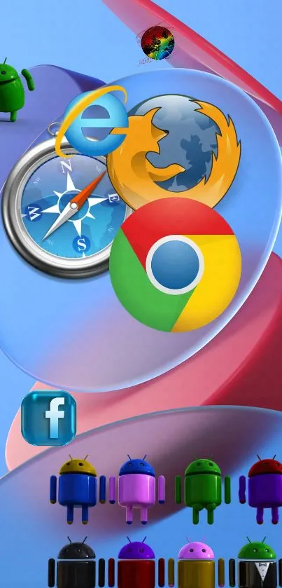 Vibrant wallpaper with browser icons and Android robots on a blue background.