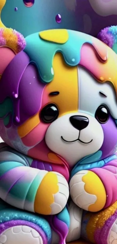 Colorful teddy bear with rainbow splashes, perfect for mobile wallpaper.