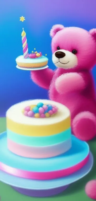 Pink teddy bear with colorful birthday cake on a vibrant background.
