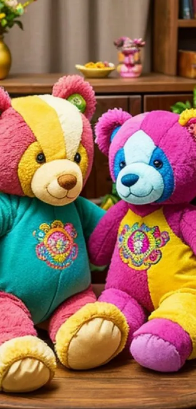 Colorful teddy bear plush toys on rustic table.