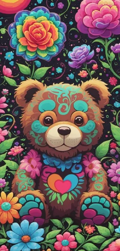 A colorful teddy bear surrounded by vibrant flowers, perfect for a whimsical wallpaper.