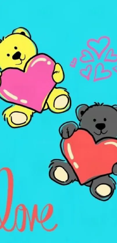 Cute teddy bears with hearts on vibrant blue background.