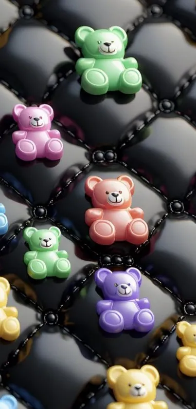 Colorful teddy bears on a quilted background.