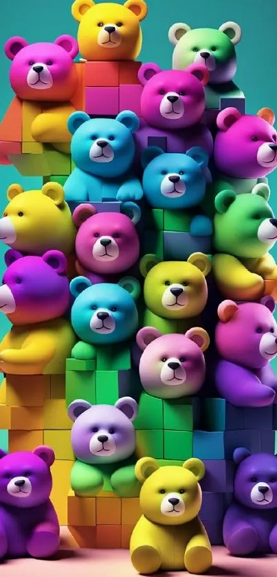 Stack of colorful teddy bears on pastel blocks.