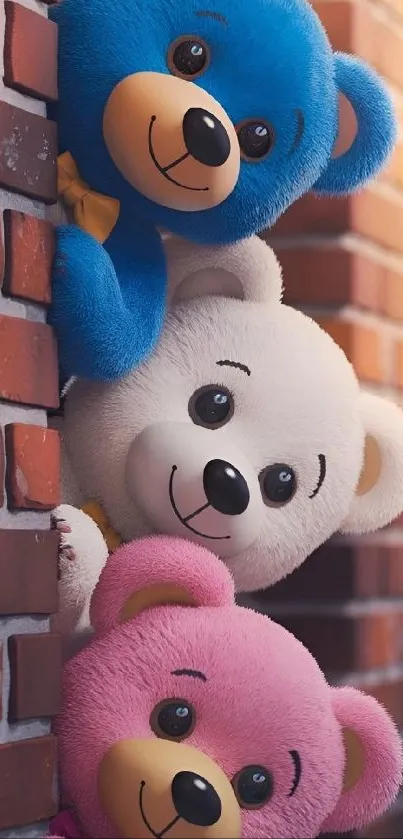 Three teddy bears in pink, blue, and white peeking from a brick wall.
