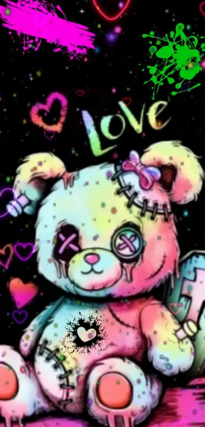 Colorful teddy bear with neon hearts in playful design.