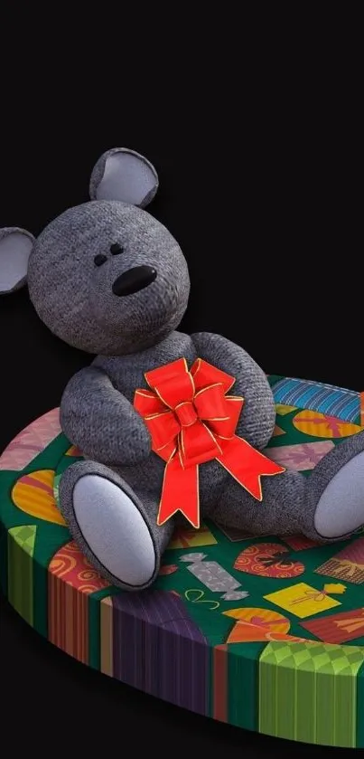 Teddy bear with red ribbon on colorful abstract background.