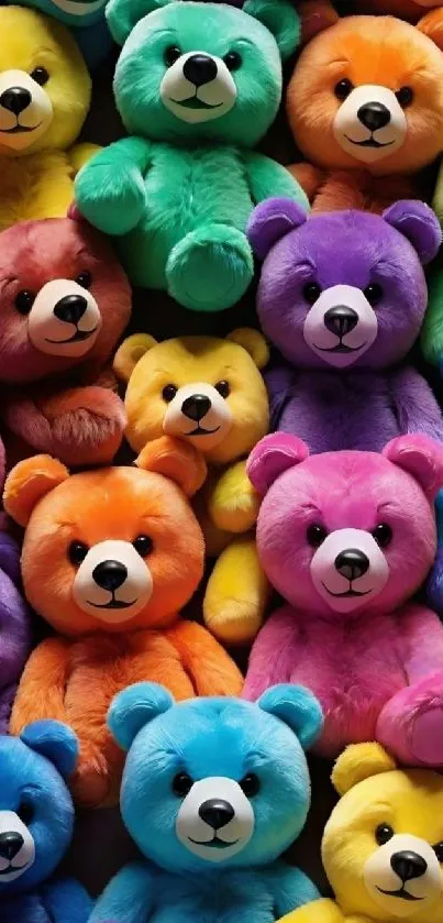 Vibrant, colorful teddy bears arranged in a playful collection.