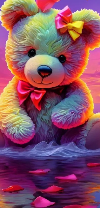 Vibrant teddy bear sitting by a sunset lake.