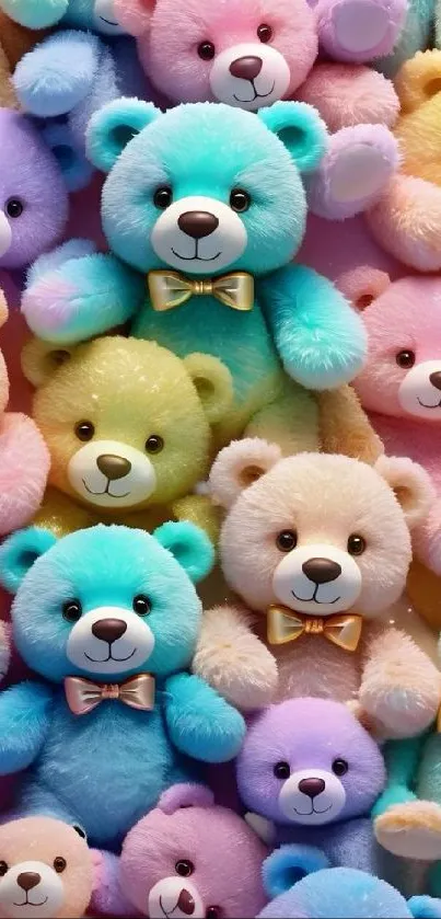 Colorful pastel teddy bears in a playful arrangement.
