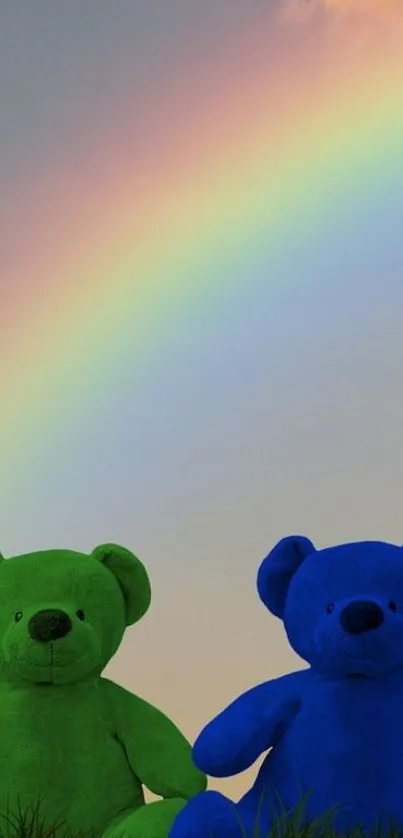 Teddy bears under a vibrant rainbow in the sky.