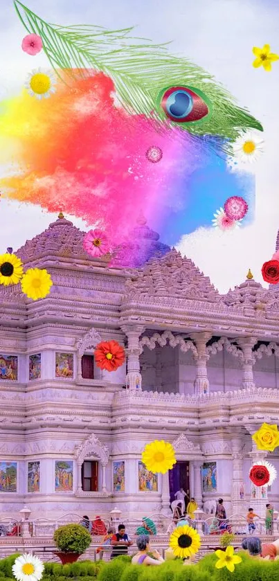 Vibrant temple wallpaper with flowers and peacock feather.