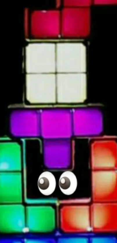 Vibrant Tetris blocks with eyes and colorful tiles.