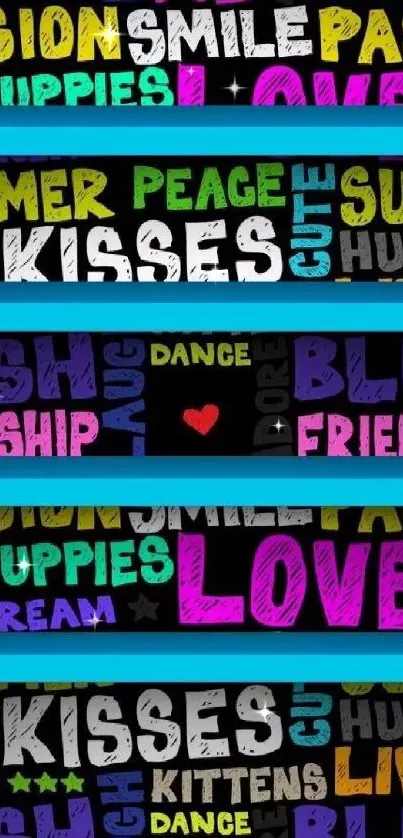 Colorful word art wallpaper with vibrant text design on black background.