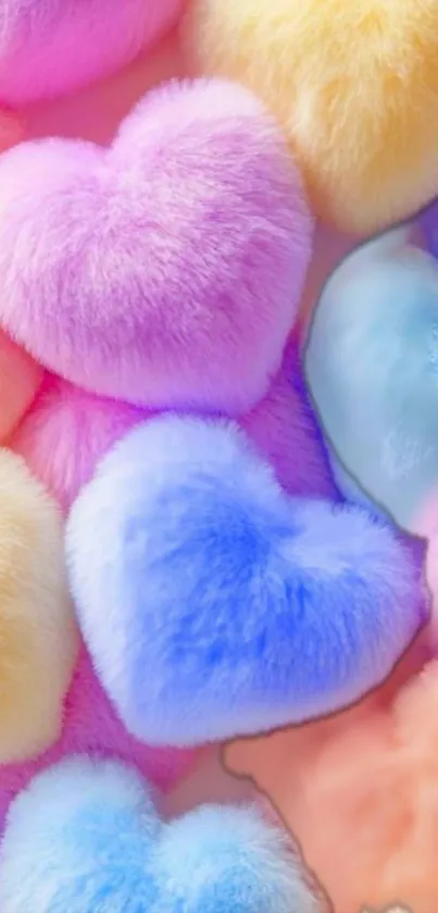 Colorful fluffy hearts in pastel tones, providing a cute phone wallpaper.