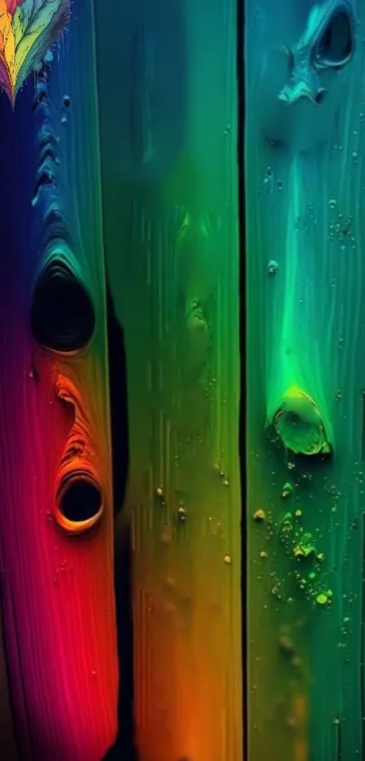 Vibrant colorful gradient on textured wood pattern mobile wallpaper.