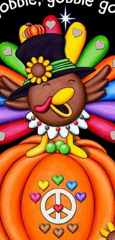 Whimsical Thanksgiving turkey on pumpkin with colorful feathers and peace sign.