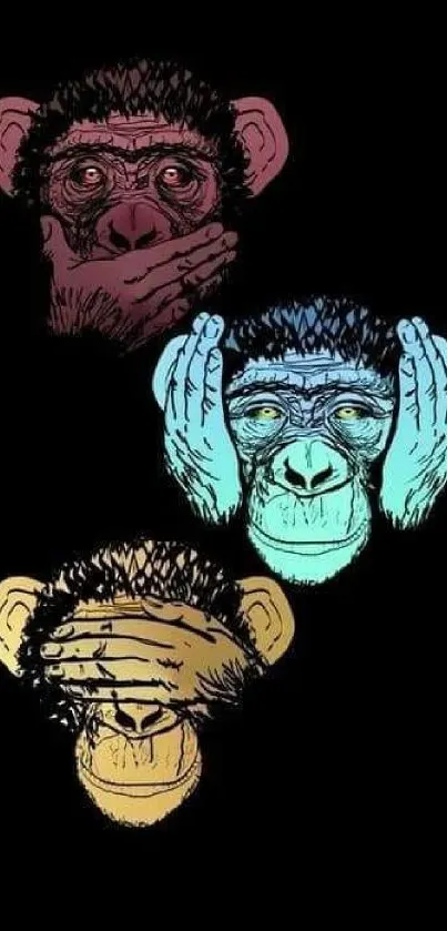 Three vivid colored wise monkeys illustration on black background.