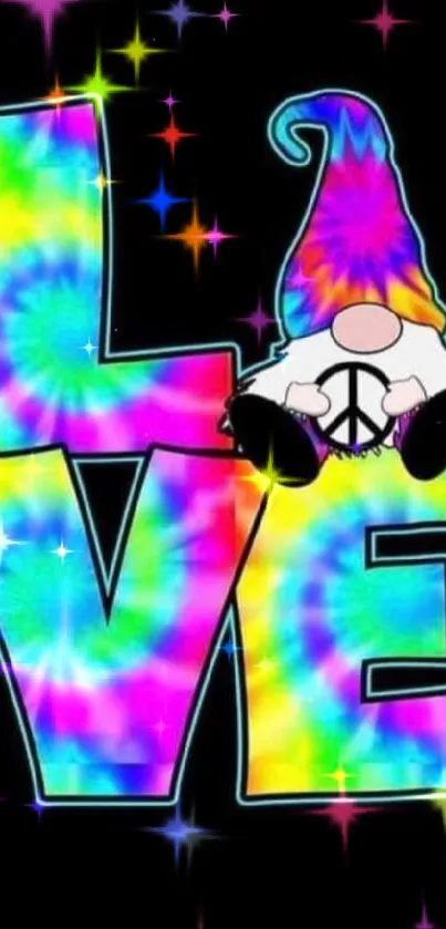 Colorful tie-dye gnome with peace symbol on black background.