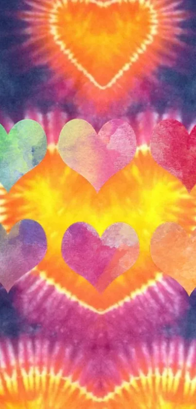 Colorful tie-dye heart wallpaper with vibrant orange and yellow hues.