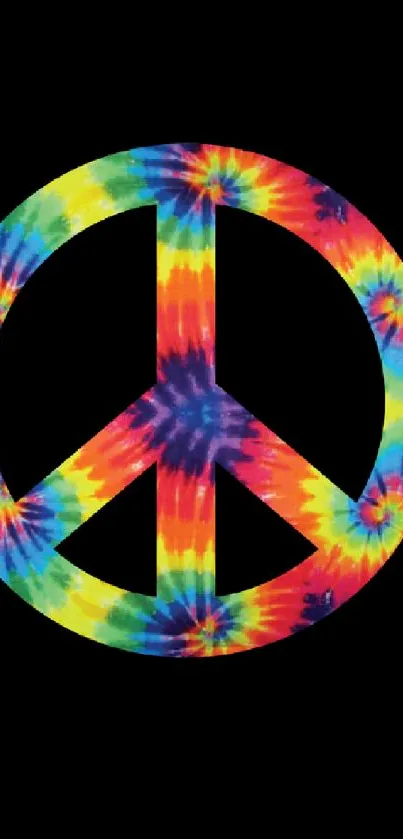 Colorful tie-dye peace sign on black background mobile wallpaper.