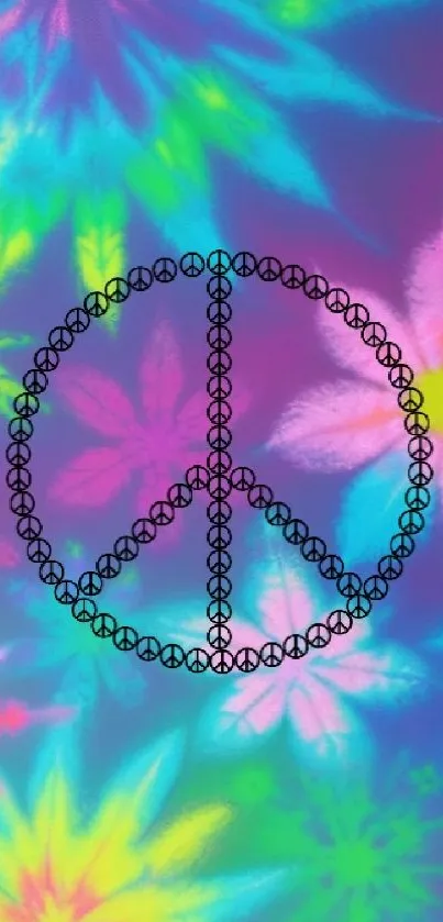 Colorful tie-dye phone wallpaper with peace sign.