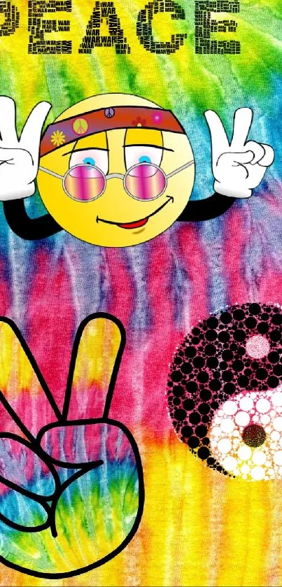 Colorful tie-dye wallpaper with peace sign and emoji for a vibrant phone background.