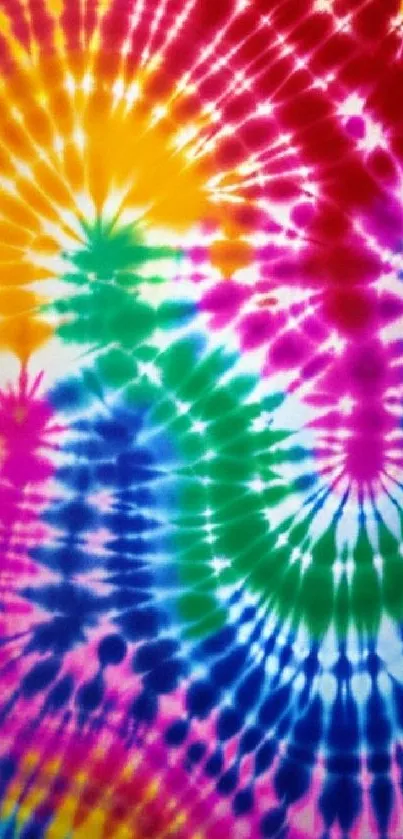 Colorful tie-dye wallpaper with spiral patterns and rainbow colors.