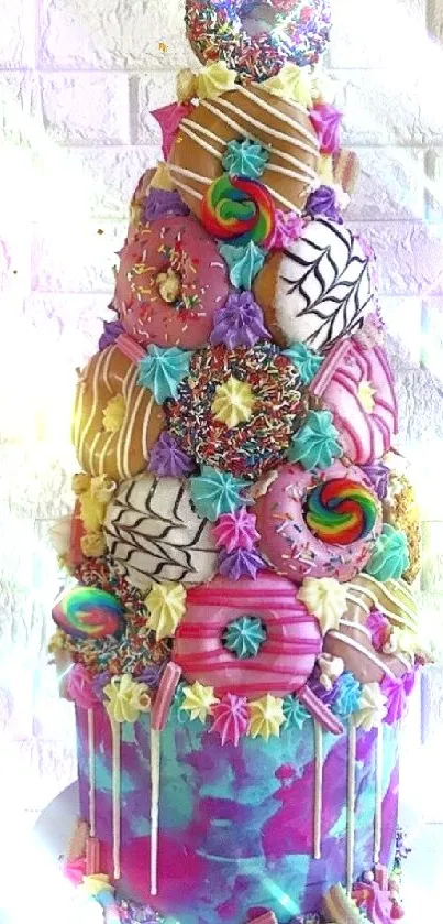 A colorful, tiered cake with donuts and candies against a white brick wall.