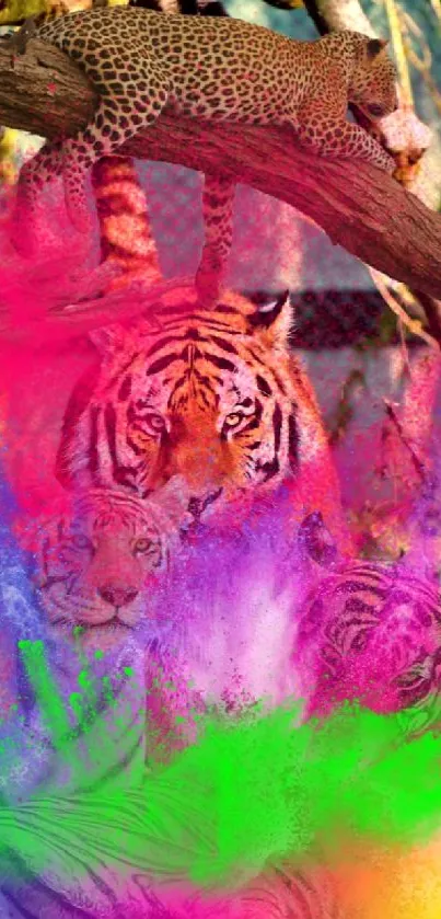 Vibrant tiger artwork with colorful pink hues in a nature background.